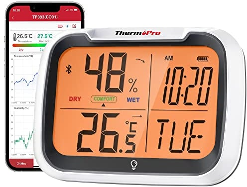 ThermoPro TP393 Bluetooth Thermometer Innen Hygrometer Wiederaufladbar Raumthermometer mit Uhrzeit Nachtlicht Luftfeuchtigkeitsmesser mit Thermometer für Innenräume, Büro, Großes Display