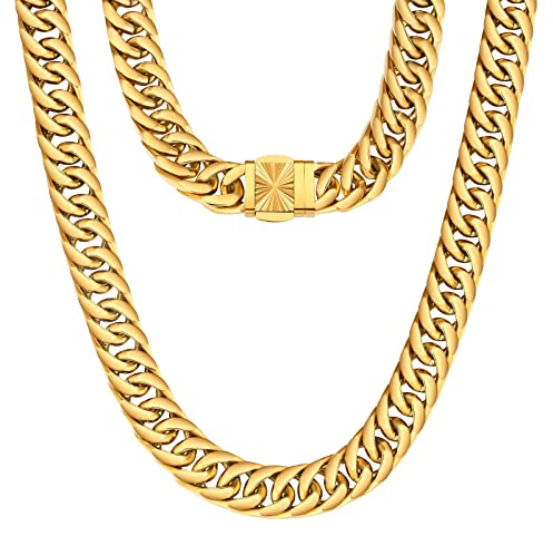 KRKC&CO 14mm Herren Panzerkette, breite dicke klassische kubanische Halskette aus Edelstahl, 18K vergoldete Cuban Link Chains, Hip-Hop Halsschmuck Weihnachten Geschenk für Männer Jung [Länge 50,8cm]