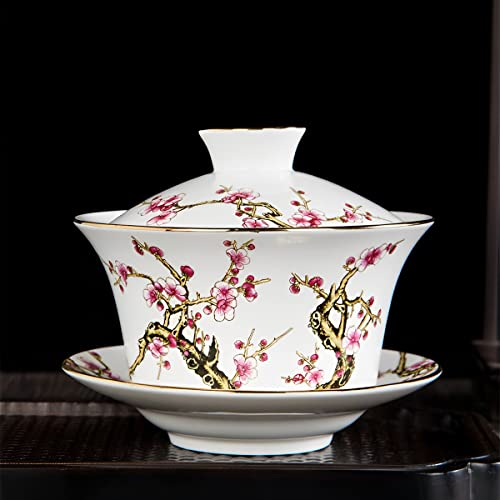 KOPYFANTAP Gaiwan Tazza, Tazza da tè con Piattino e Coperchio, Set da Tè in Porcellana Cinese, 300 ml, Motivo in Rilievo per Fiori di Prugna, Bianco