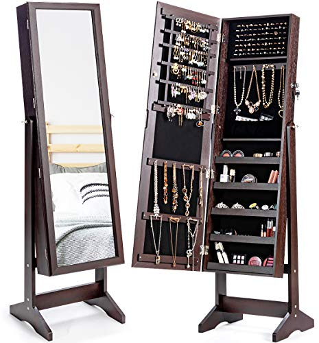 COSTWAY Schmuckschrank mit Ganzkörperspiegel, freistehender Schmuckständer, mit 108 Ohrringfächern, 18 Halskettenhaken, 98 Ringfächern, 5 Make-Up-Fächern, 2-in-1-Schmuckkommode (Braun)