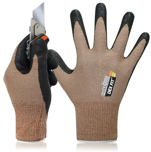 DEX FIT Level 5 Cut Schnittfeste Handschuhe Cru553 Prime, 3D Komfort Stretch Fit, Power Grip, Strapazierfähiger Schaumnitril, Smart Touch, Maschinenwaschbar, Dünn & Leicht, Braun 9 (L) 1 Paar