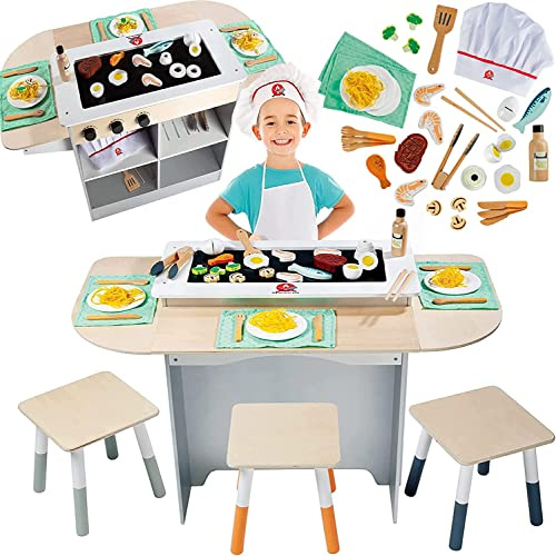 Hibachi Grill Wooden Kids Playset w Stools, Table Settings, 25+ Toy Food Pieces- Noodles, Tongs, Meats Veggies- Everything Little Chef Needs for Pretend Play, Indoor Japanese Restaurant Activity Stand