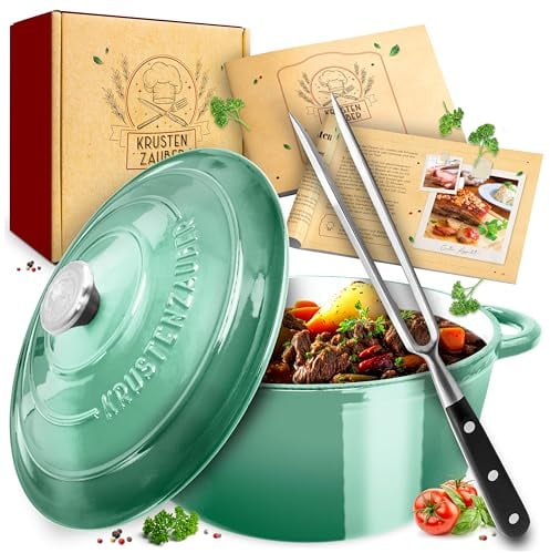 KRUSTENZAUBER Pentola in ghisa [con forchetta per carne] – alta qualità 26 cm adatta al forno – ideale arrosto con coperchio adatto al forno, pentola a induzione, pentola smaltata, cast Iron
