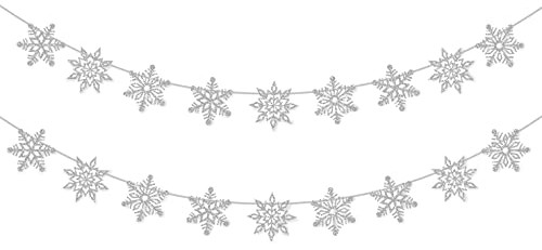2 Stück Glitzer Winterdeko Girlande, Schneeflocken Deko Flagge, Girlande Weihnachten für Schneeflocken Deko, Weihnachten Deko, Winter Deko (Silber)