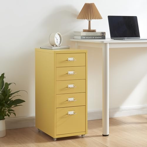 [en.casa] Caisson de Bureau à 5 Tiroirs Meuble de Rangement Roulant Organisateur pour Documents Dossiers avec Porte-Étiquettes Fournitures de Bureau Robuste Moderne Acier 69 x 28 x 41 cm Jaune