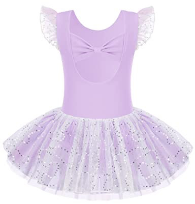 Arshiner Kinder Ballettkleidung Tütü Ballettkleid Mädchen Schleife Baumwolle Balletttrikot kurz Ärmel Ballettanzug Tanzbody mit Glänzender Rock Tütü lila 160