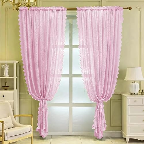 F-CHU Rideaux en tulle rose pour fenêtres, voilages de 183 cm de long avec dentelle pour décoration de salon, 2 panneaux, 140 cm x 183 cm - Rose