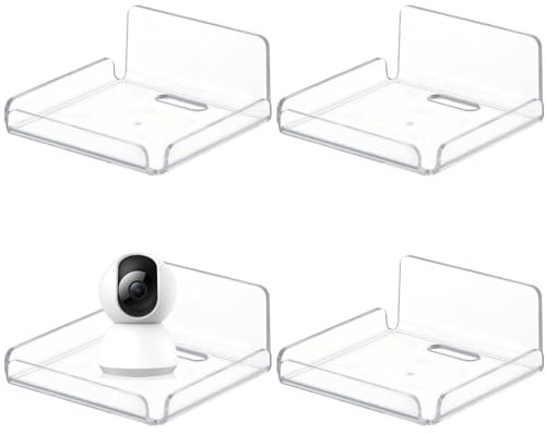 VEGCOO 4 Pcs Wall Shelves, Acrylic Floating Wall Shelves Small Clear Adhesive Shelves Wall Mounted Display Shelves, No Drill Wall Shelf for Smart Speaker Security Camera Action Figures Baby Monitor