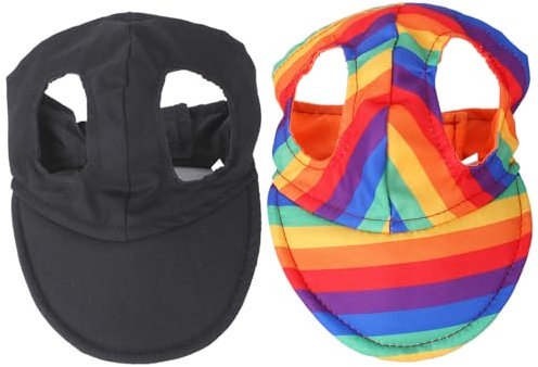 2 PCs Hunde Baseballkappe, Hundeschwarz und Regenbogen Baseball Cap Sun Protection Hundehüte mit Ohrlöchern und verstellbarem Haken-und-Schleifen-Band-Haustierzubehör, L.