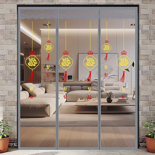 250x250cm(W x H),XQKXHZ Retractable Screen Doors for French Doors,Double Opening Magnetic Screen Door wiht Chinese Style Embroidery,Heavy Duty Fiberglass Mesh Door Screen for Front Patio Sliding Door