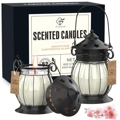 Duftkerzen Geschenke für Frauen, 2 Stücke Candle Langer Brenndauer & Sojawachs Aromatherapie Kerzen Set in Mini-Laterne für Muttertag, Stressabbau, Weihnachten, Geburtstag, Bad,Yoga-Kirschblüten, Rose