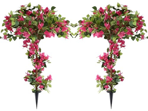 Damomo 4 Feet Artificial Bougainvillea Trees, Fake Bougainvillea Flowers Plant with Ground Spike, Outdoor Faux Azalea Blooming Plants 2 Packs for Decor Front Porch Indoor or Home Office (47 inch)