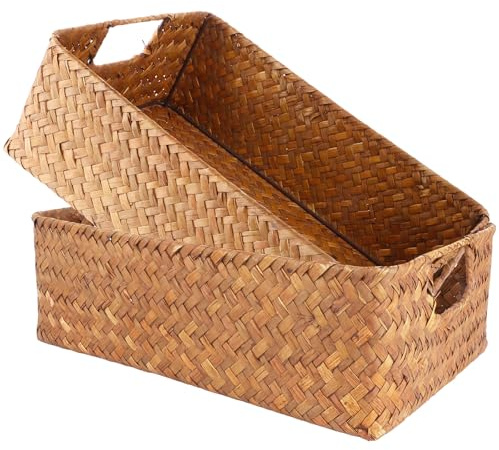 ZOFUN 2 Pcs Woven Baskets 34 x 23 x 11 cm | Woven Storage Basket with Handle Rectangular Hand Woven with Iron Frame for Shelves Home Organization