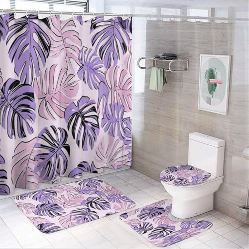 CAEITLRSO Cortina de Ducha Púrpura Monstera 180cm X 200cm, Alfombra de baño Antideslizante de Moda Sencillo Juego de 4 Piezas, Cortinas de Ducha Impermeables Decora tu baño 180cm X 200cm