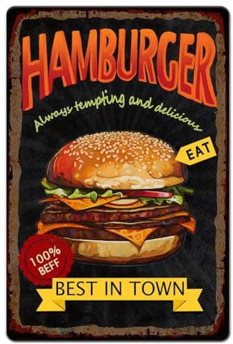 Hobbspring 1pc Vintage Metal Tin Sign 20x30cm Retro Iron Hamburger Sign Rust Look Always Tempting and Delicious Hamburger Tin Poster for Kitchen Restaurant Cafe Fast Food Shop Wall Decor