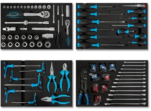 EBERTH Multitool Werkzeug Set 81 Teile Für Werkzeugwagen, Beschriftete Werkzeugeinleger aus Schaumstoff, Hartmetall, Ergonomische Griffe, Für 4 Schubladen, KFZ & Profi-Werkstatt Ausstattung, Blau