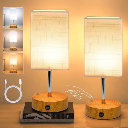 6000mAh Bedside Lamps, 10.8 Touch Control Rechargeable Table Lamp with Wood Grained Base & Fabric Lampshade, Dimmable Minimalist Wireless Battery Lamp for Living Room Bedroom Office Decor (2)