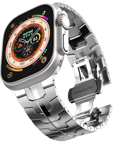 CYSUE Cinturino in acciaio inossidabile per Apple Watch Ultra 2 Band 49mm 45mm 44mm 42mm, cinturino in metallo con chiusura pieghevole per Apple Watch Series 9 8 7 6 5 4 3 2 1 Ultra/Ultra 2 Men(Silver