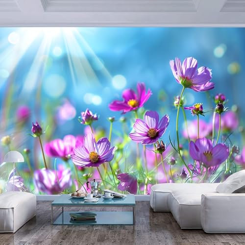 Fototapete 3D Effekt Tapete Schlafzimmer Lila Blumen Garten Gras Sonnenschein Wand Tapete Moderne Wohnzimmer Schlafzimmer Wanddekoration Büro Flur