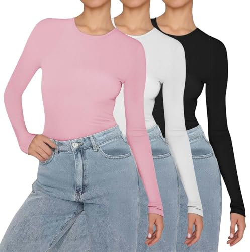 3 Pack Long Sleeve Tops Women Basic Plain Crew Neck Base Layer, Soft Comfortable Ladies Long Sleeve T Shirt for Layering, Casual Slim Fit Basic Top for All Seasons