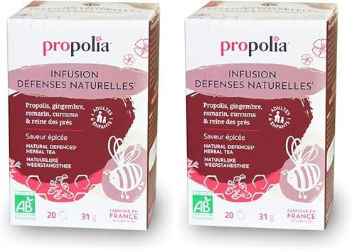 PROPOLIA - Bio - Infusion Défenses naturelles - Propolis, gingembre, romarin, curcuma & reine des prés - Fabriquée en France - 20 Sachets (Lot de 2)