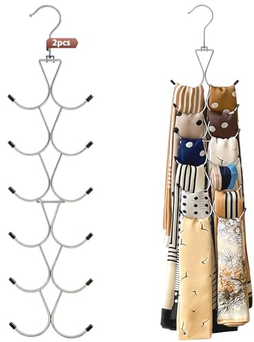 2 Pcs Scarf Hanger with 12 Hooks, Metal Foldable Scarf Organiser, Space Saving for Scarves, Clothes, Belts & Ties, Load Capacity Up to 10 kg