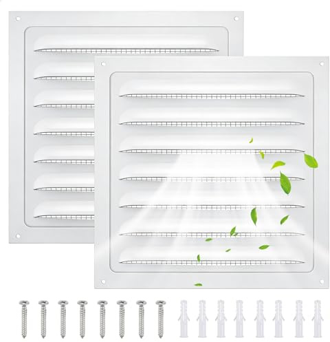 2 Piezas Rejilla Ventilación 15x15 cm, Blanco, para Techo Cocina y Baño | Rejilla Cuadrada de Aluminio con 8 Tornillos, Rejillas de Ventilación con Mosquitera, Fácil Instalar, Altamente Resistente