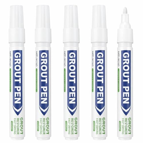 5PCS Grout Pen White Tile Paint Marker, Ready Mixed Restoring Tile Grout Reviver Whitener for Bathroom Kitchen Floor Wall Lines Joints, No Sealer Required Mould Protection Waterproof