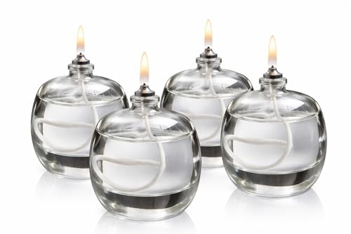 Öllampen Set 4x Glas-Öllampe rund 50 ml – Nachfüllbare Tischlampe für Innen & Außen – Deko Beleuchtung für Restaurant, Bar, Terrasse & Zuhause