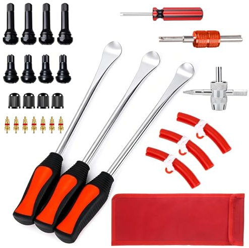 Beojonvy 28 Stück Reifenmontierhebel, Reifenmontage Werkzeug, Montiereisen Reifen mit Felgenschützern Ventile, Ventilkernschlüssel & Tragtasche inklusive, für Motorrad/Fahrrad/Wagen Reifen Rot