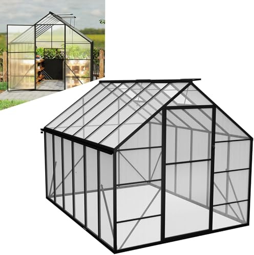 LZQ Serra in alluminio con fondamenta, 310 x 250 x 205 cm, serra da giardino con pannelli alveolari in policarbonato da 4 mm, per pomodori con porta scorrevole, finestra sul tetto, resistente alle