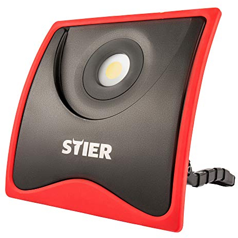 STIER COB LED Baustrahler, 5500 Lumen, 55W, Baulampe mit flexiblem Standfuß und 2 SchuKo Steckdosen und Aluminiumgehäuse, Baustellenlampe mit Überpsannungsschutz