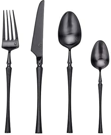 LEKOCH Juego de Cubiertos 4 Piezas Juego de Cubiertos de Acero Inoxidable 18/10 Nuevo diseño Incluye Cuchara con Tenedor Cuchillo Juego para 1 (Negro)