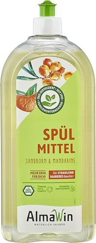 AlmaWin® Spülmittel Öko [6x1L] mit Sanddorn & Mandarine-Duft - Kraftvolles Geschirrspülmittel flüssig mit hoher Fettlösekraft - Vegan Dish Soap - Biologisch abbaubares & ergiebiges Konzentrat
