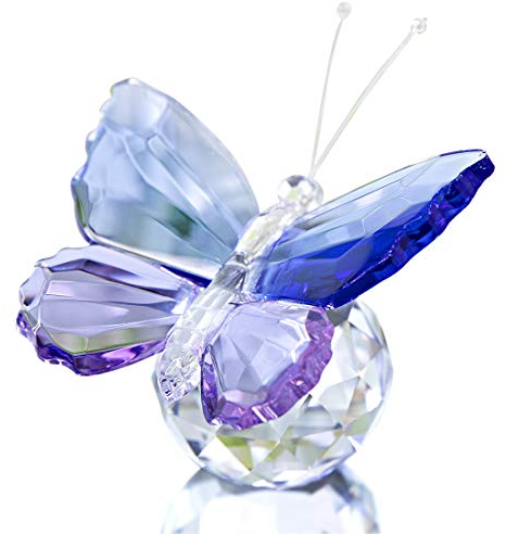 H&D HYALINE & DORA Blauer und lila Kristallschmetterling mit Kugelbasis, Briefbeschwerer aus Glas Tierfigur für Wohnzimmer