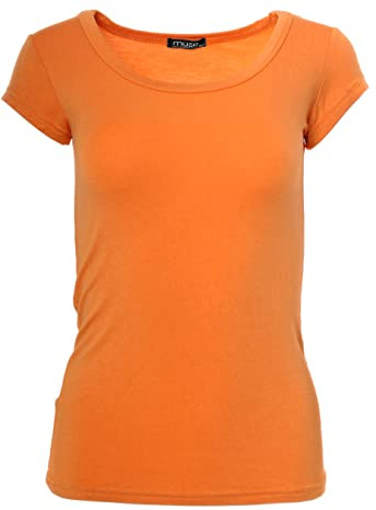 Easy Young Fashion - Damen Basic Rundhals T-Shirt - Kurzarm Unterziehshirt Skinny Fit 1001 - Dunkel Orange M