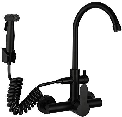 HomeLava Rubinetto Muro Alto con Doccetta, Rubinetti Cucina Nero a Parete con Girevole Bocca Spruzzatore, Girevole a 360°, Acciaio Inox 304