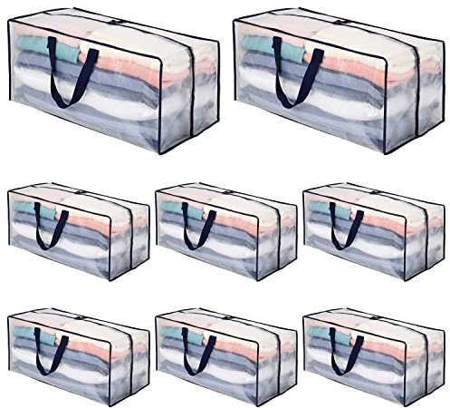 VENO Lot de 8 Sac Rangement Vêtements grand, Sacs Déménagement Pliable avec Sangles de Sac à Dos et Poignées Solides, Alternatives aux Cartons de Déménagement (Transparent, Lot de 8)