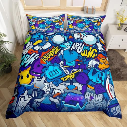 Hip Pop Bettwäsche-Set für Teenager, Jungen, Kinder, Hippie-/Graffiti-Bettwäsche-Set, Gaming-Rock-Musik-Thema, Bettdeckenbezug, Set mit Video-Gamepad, Sportwagen, Gitarre, Steppdecke, Blau, 3-teilig)