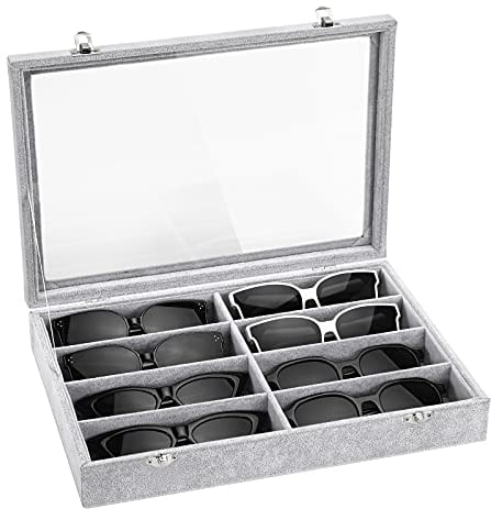 Emibele Scatola per Occhiali con Coperchio 8 Scomparti in Velluto, Espositore per Occhieli da Sole Contenitore Organizzatore Vassoio Portagioie con 8 Griglie e Divisori Interni Staccabili - Grigio