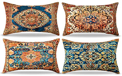 4er Set Dekorative Kissenbezüge 30x50 cm Vintage Blau Stammes-Abstraktes Orientalisch Kissenbezug Persischer Teppich Muster Kissen Dekokissen Böhmischen Kissenhüllen Leinenkissen Sofa Deko