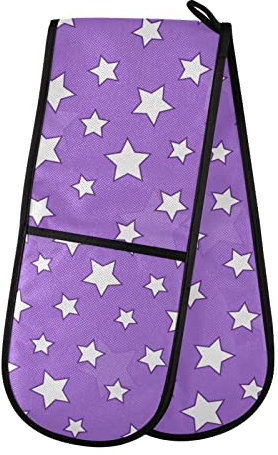 Moyyo Oven Glove White Stars Purple Double Oven Glove Heat Resistant Kitchen Oven Mitt with Soft Quilted Cotton Lining Filling Pot Holders for Basking Cooking Pizza Microwave