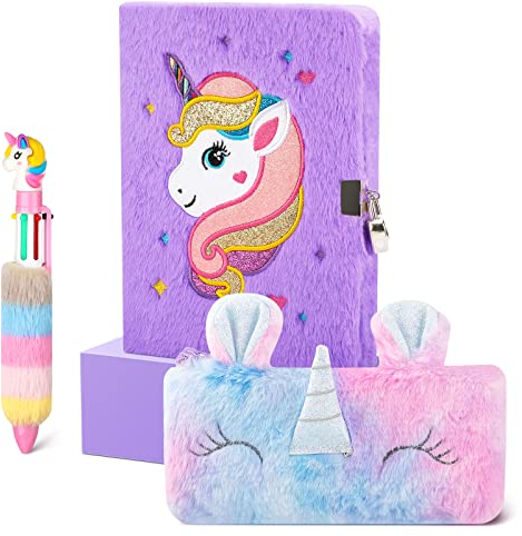 Cooyou Journal Intime Fille avec Cadenas, Carnet Secret pour Fille en Peluche Comprenant une Cahier A5 et une Licorne Trousse à Crayons, Cadeau Licorne pour Fille 4-12 Ans, Violet