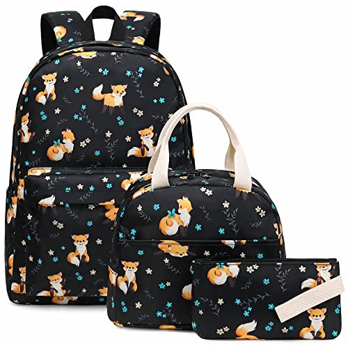 Kouxunt Schulrucksack Mädchen Teenager Rucksack Schule Kinder, 3 Teile Set Schulranzen mit Lunch Tasche Federmäppchen (Fuchs)