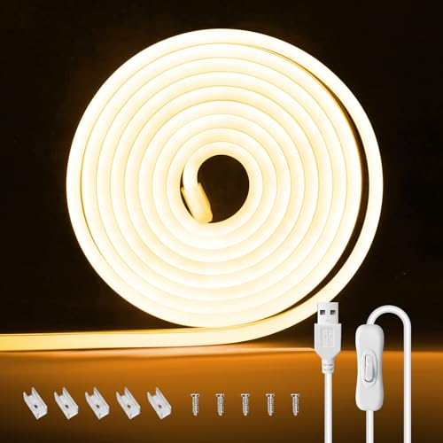 TVLIVE USB Neon LED Strip 2M,Warmweiss Neon LED Streifen 2M 5V Dimmbare mit Schalter,Wasserdicht Neon LED Band DIY Flexibel,LED Lichtband Silikon,USB Led Leiste für Innen Außen Schlafzimmer Küche Deko
