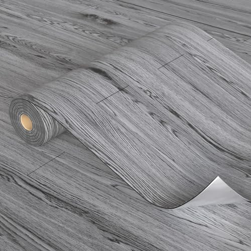 Homease PVC Bodenbelag Selbstklebend Verdickt (0.15cm) Holzmaserung Bodenaufkleber mit Textur, Verschleißfest, Wasserdicht, Holz Platte Vinylboden für Küche Wohnzimmer Balkon 0.6 x 5M/3㎡ Dunkelgrau