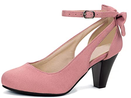 elerhythm Mary Jane Bow Closed Toe Vintage Pumps Tacchi Gatsby Victorian anni '20 Faux Camoscio Scarpe, Colore: rosa., 38 EU