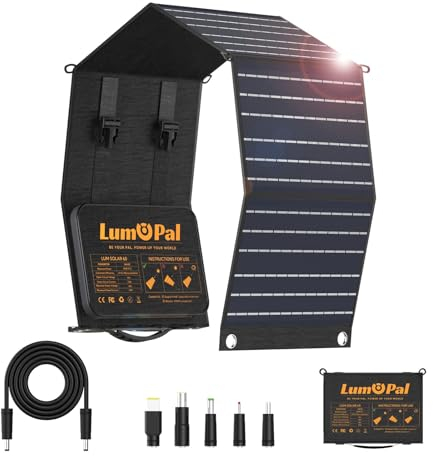 LUMOPAL Panel solar plegable, kit de cargador solar portátil plegable de 60 W con puertos USB-C PD60W 5V USB-A QC3.0 DC18-20V, IP65 impermeable para caravanas, camping, mochileros, compatible con