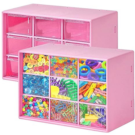 2Pcs Small Drawer Organiser, 9 Drawer Storage Containers Desktop Art Craft Storage Box, Plastic Organiser Cute Designs Removable Drawers for Sewing, DIY Crafts, Office Supplies, Jewelry (Rose red)