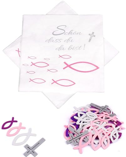 40Stück Servietten Fisch Rosa,Schön dass du da bist +50Stücke Holz Fische Deko+10 Kreuz, Taufdeko Mädchen, Servietten für Junge Konfirmation Kommunion Taufe Tischdeko, Servietten Taufdeko Tisch Deko